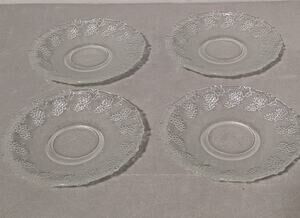 Set of 4 Vintage Clear Pressed Glass Grape Pattern Small Plates / Saucers 5 inch